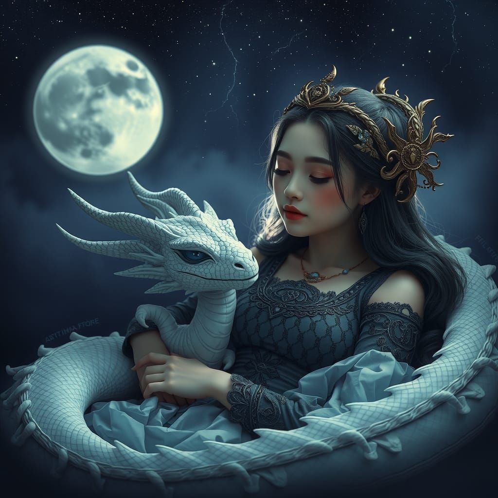 Mystical Girl and Dragon Under Starry Skies
