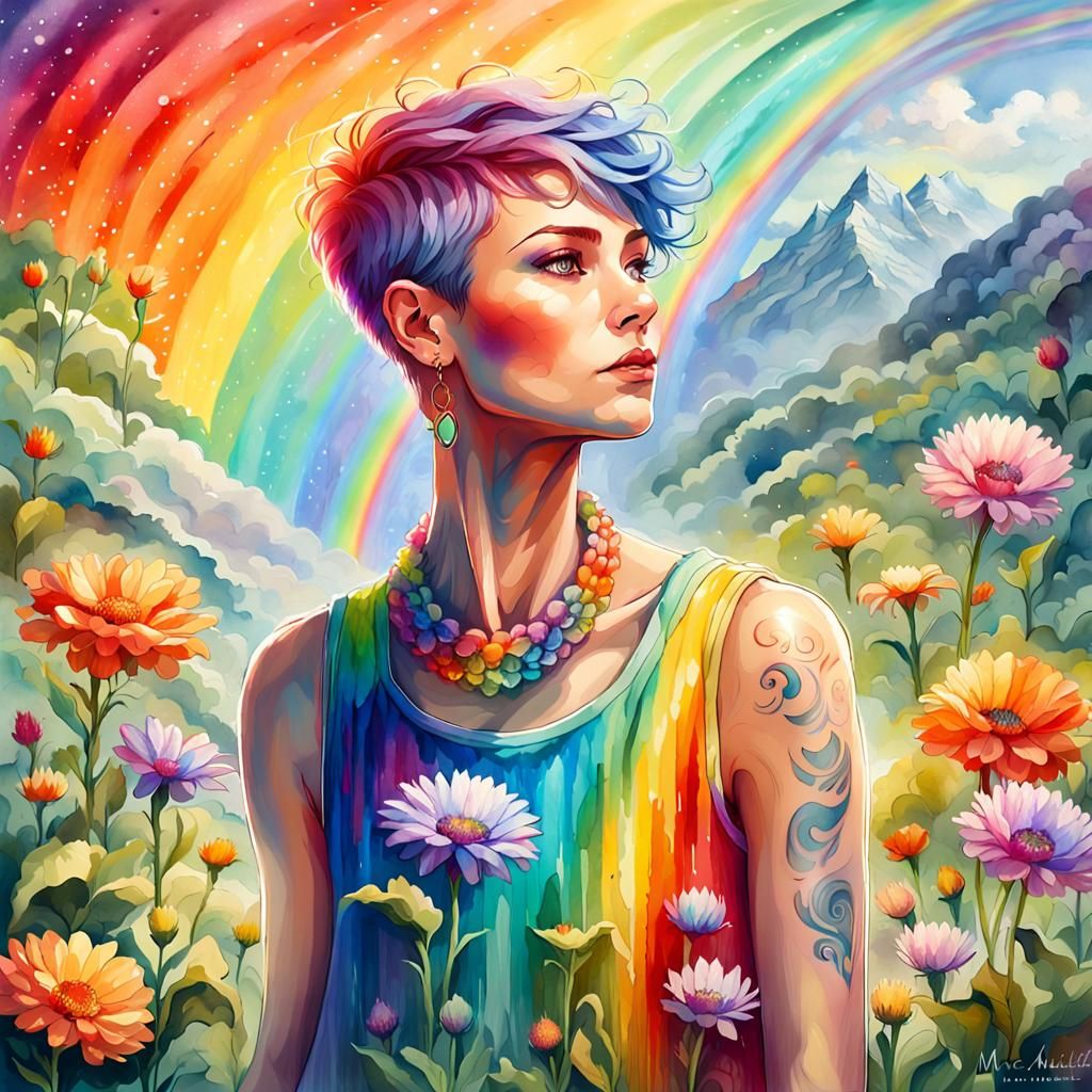 Rainbow Goddess with Short Shaved Hair, Watercolor Style