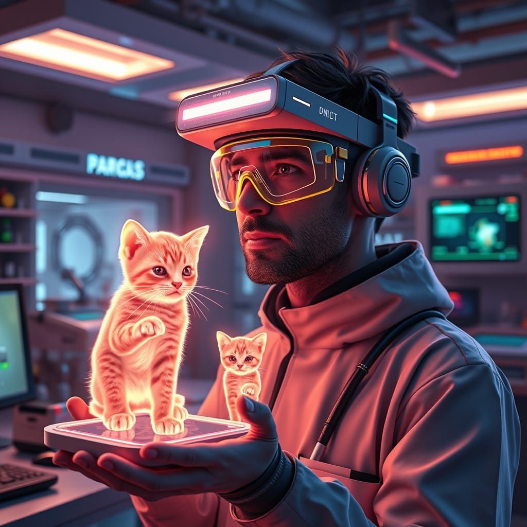 In a futuristic lab, a scientist wearing a holographic visor...