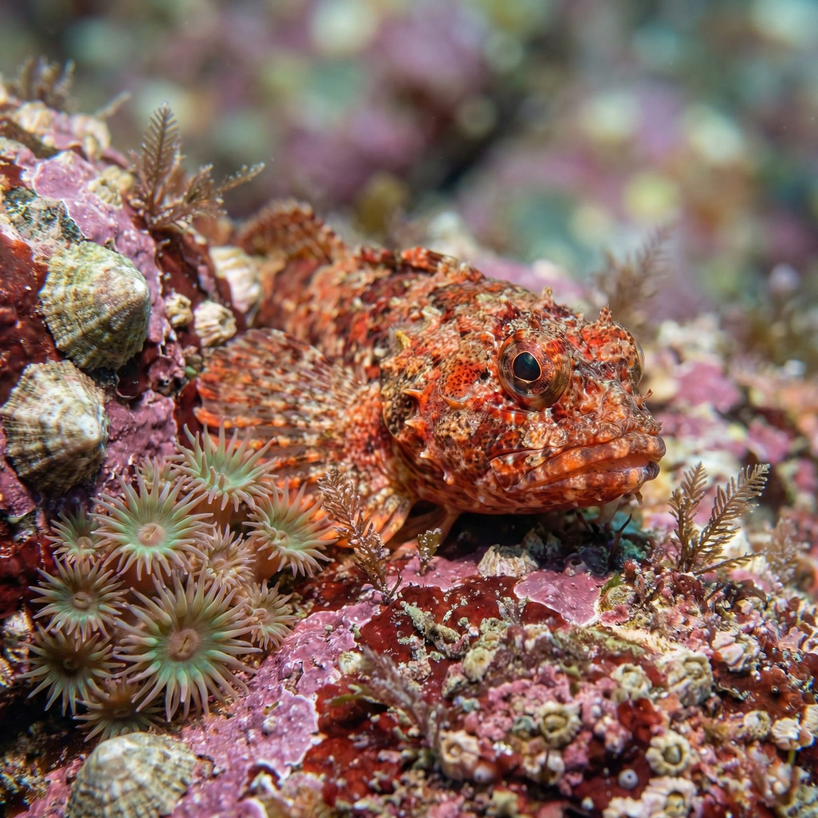 Macro Photo of Red Irish Lord Fish Among Coralline Algae
