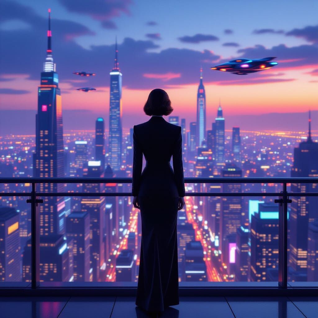 Businesswoman Overlooks Futuristic Cityscape at Dusk