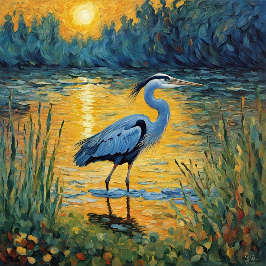 Serene Heron in Fauvist Oil Painting