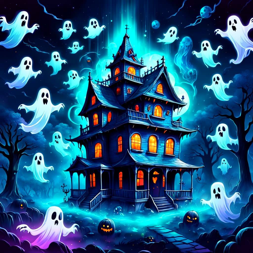 Cartoon Ghosts Haunt House in Cosmic Style