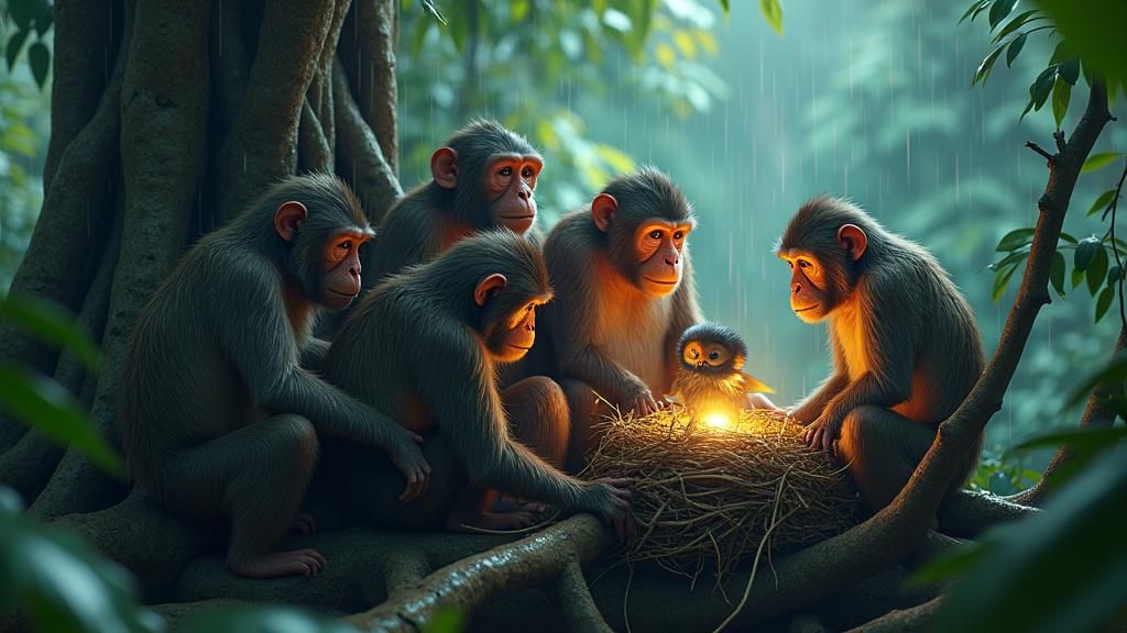 Monkeys in Jungle Watched Over by Bird