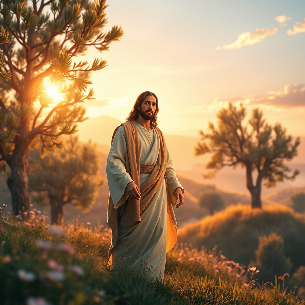 Jesus in Golden Light on Verdant Hillside