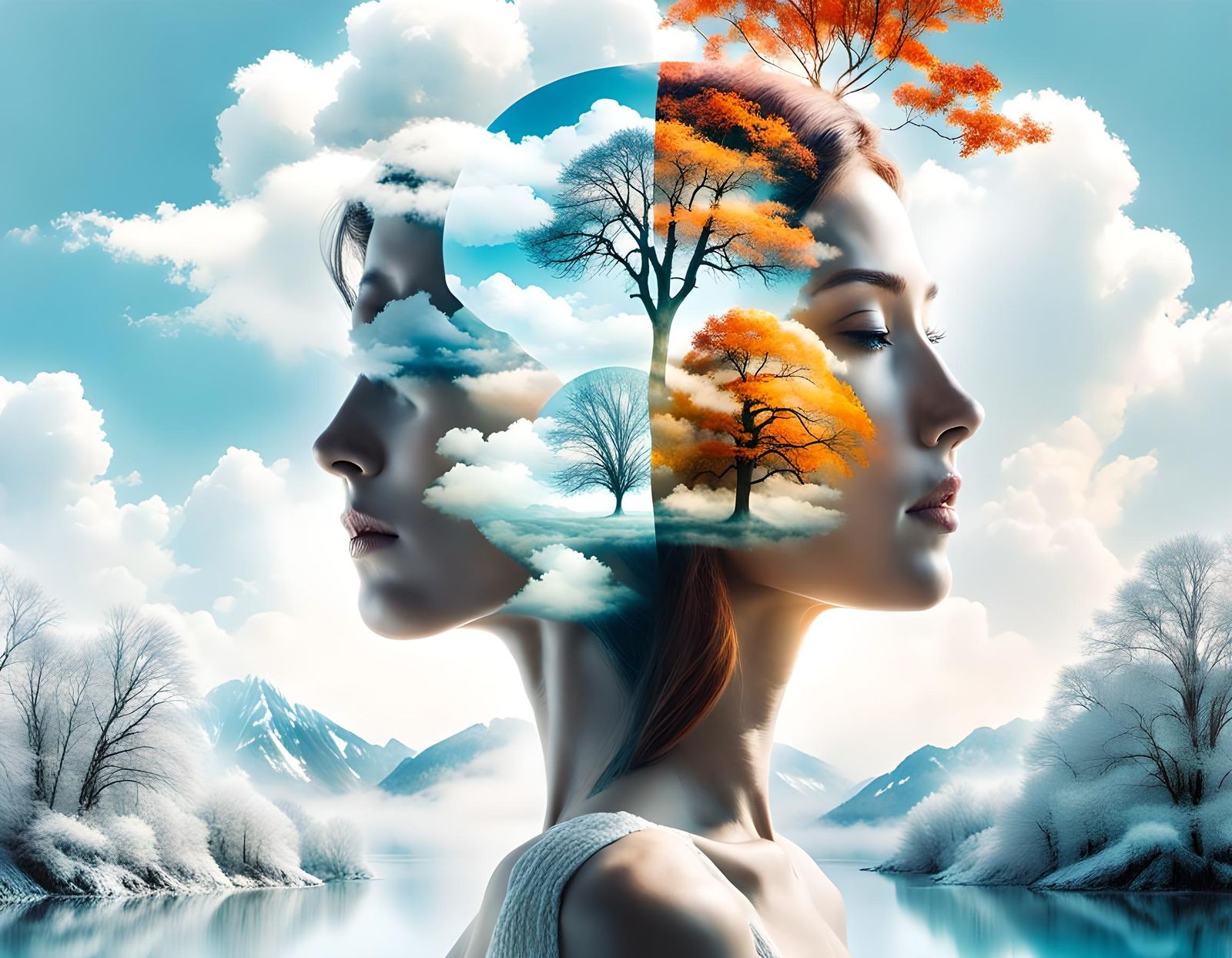 Seasonal Double Exposure Portrait in Art Nouveau Style