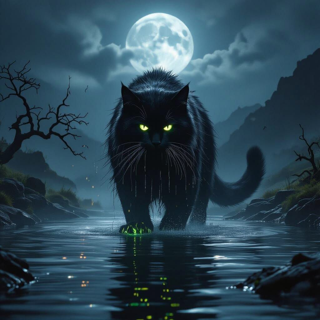 Mythic Black Cat Emerges From Misty Lake Under Moonlight