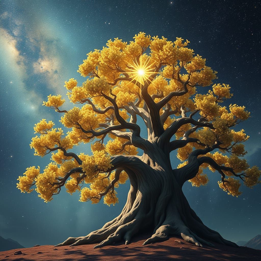 Majestic Golden Tree of Spirituality Reaching for the Cosmos