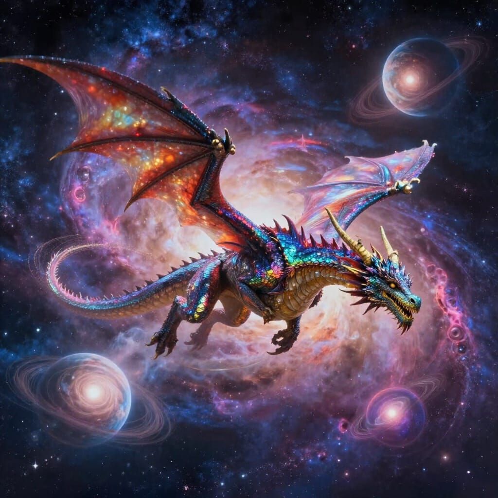 Giant Dragon Soaring Through Cosmic Galaxy Sky