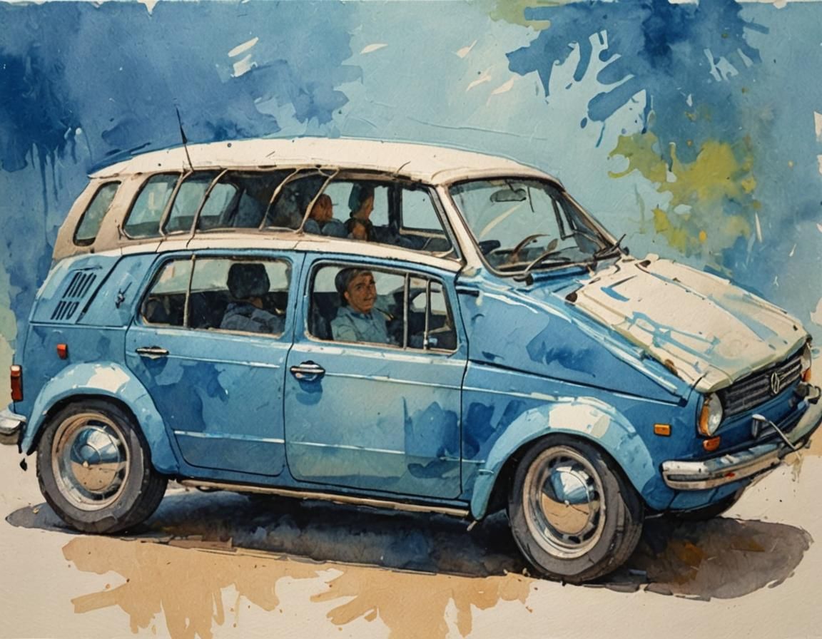 Blue VW Golf in Gouache and Watercolor Style