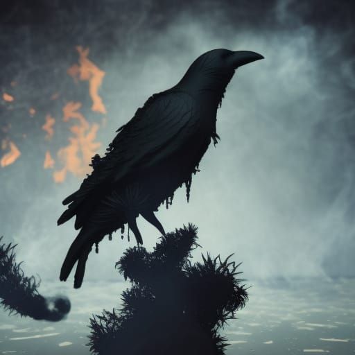 Smoky Crow Perched on Charred Branch in Burning Bushfire
