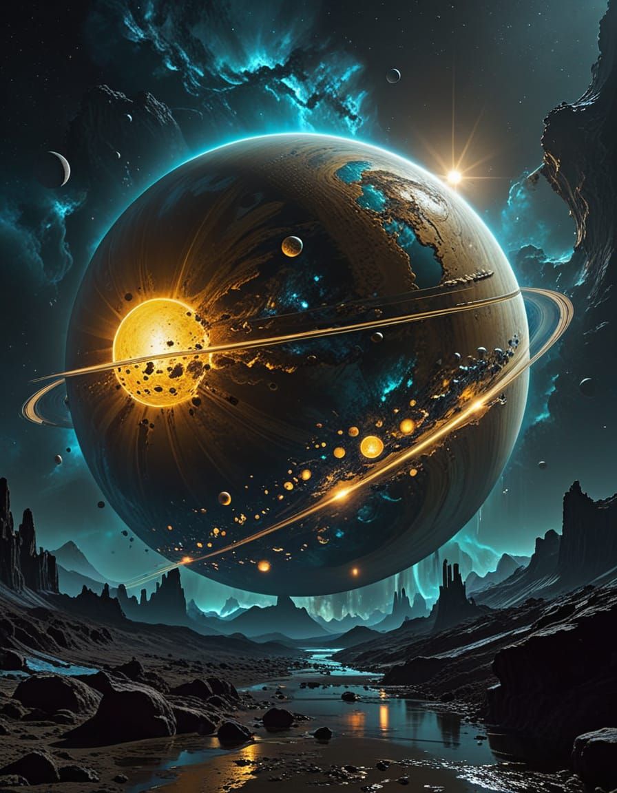 A gargantuan gas giant planet, rivaling Jupiter in scale, orbits a vibrant yellow dwarf star in an elliptical ...