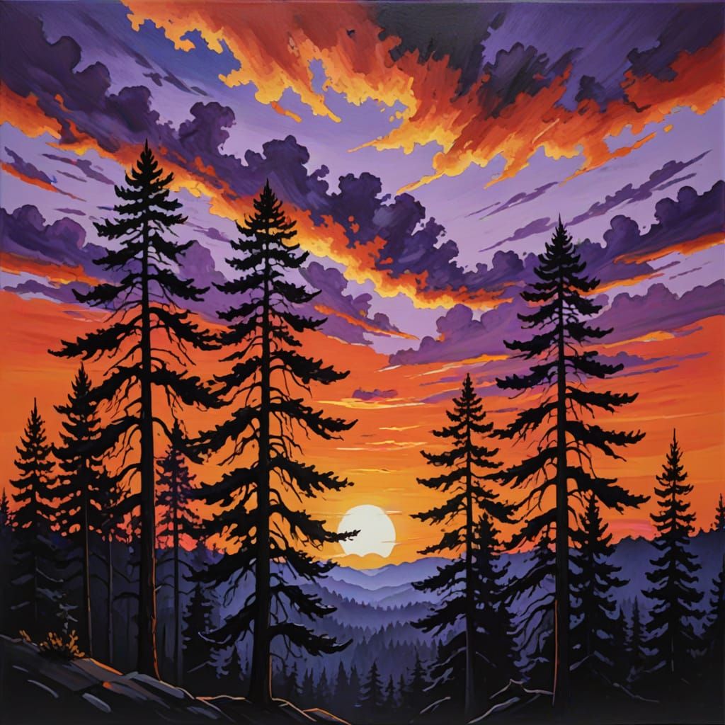 Vibrant Sunset Over Pine Tree Forest in Acrylic