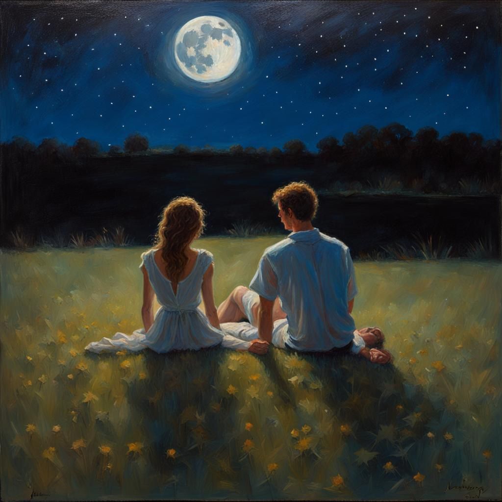 Couple Stargazing Under a Bright Moon, Oil Painting