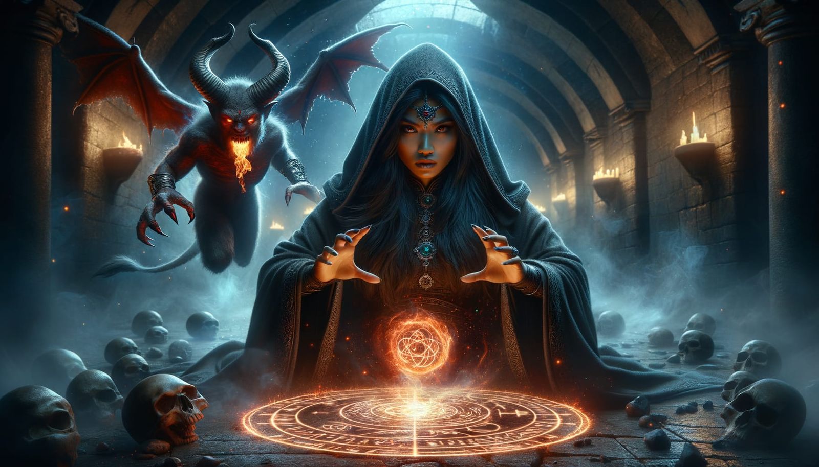 Sorceress Summons Fire Demon with Magic