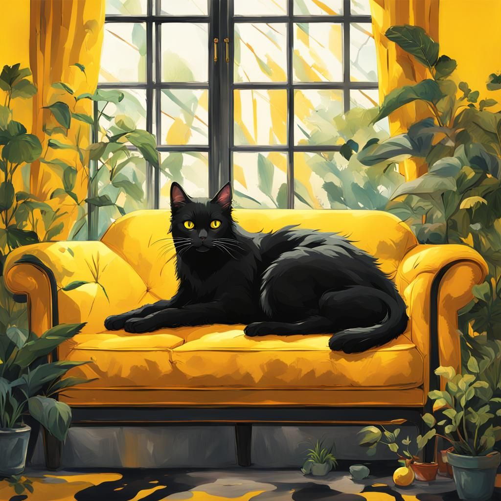 Anime Black Cat on Yellow Sofa