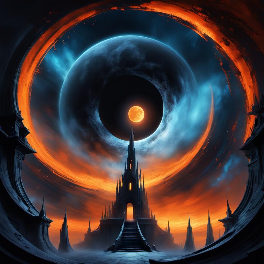 Black Moon Over Hellish Wormhole: Surreal Concept Art