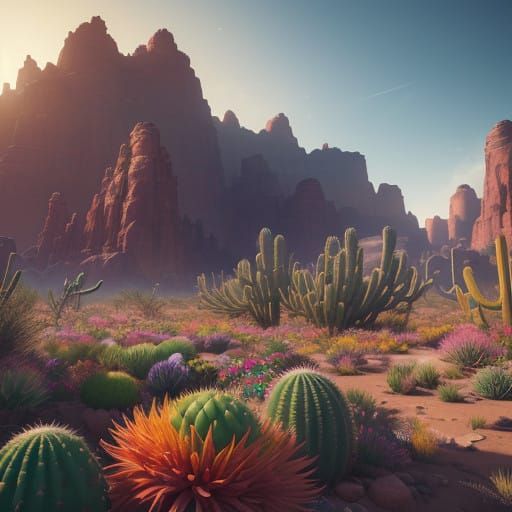 Vibrant Desert Blooms - Detailed 3D Cactus Landscape