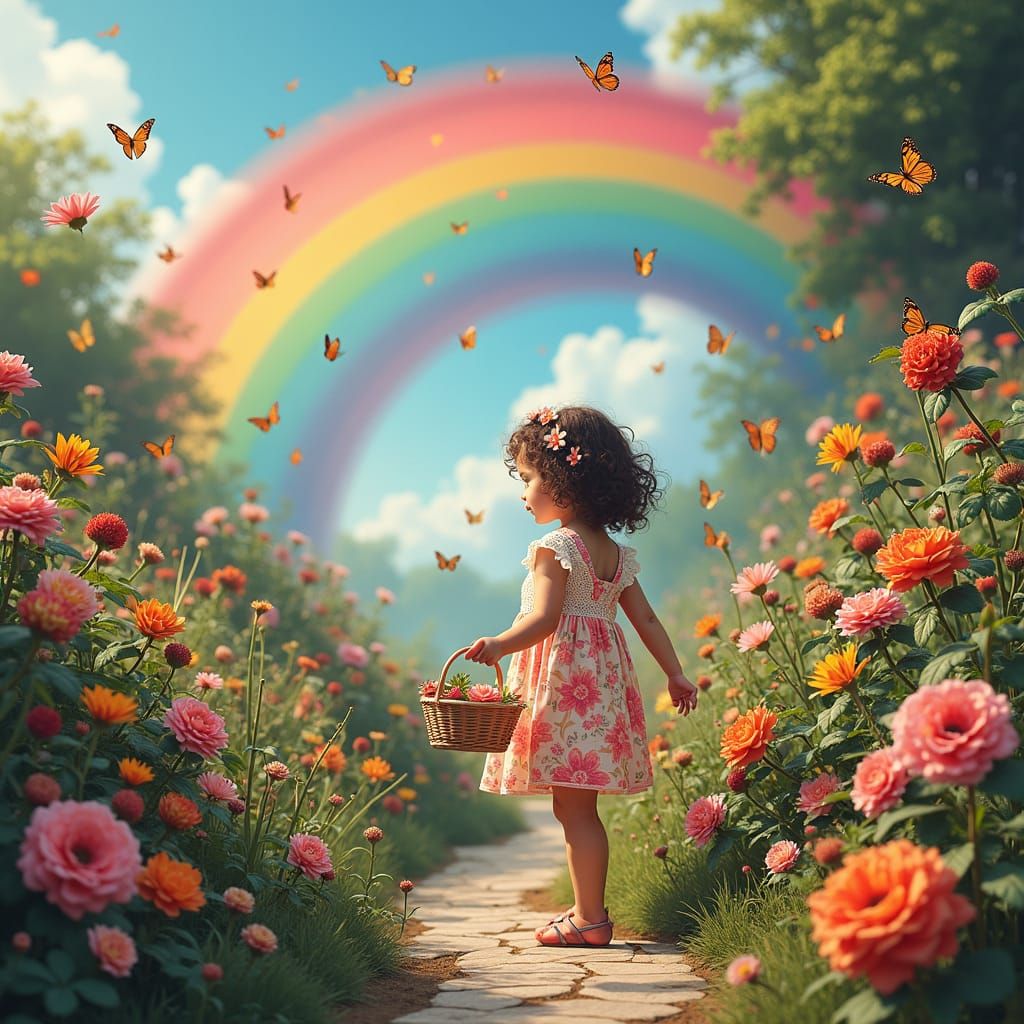 Girl in Floral Garden with Rainbow: Surreal Fantasy