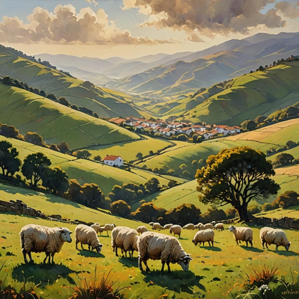Xalda Sheep Grazing in Asturias, Rustic Landscape Painting