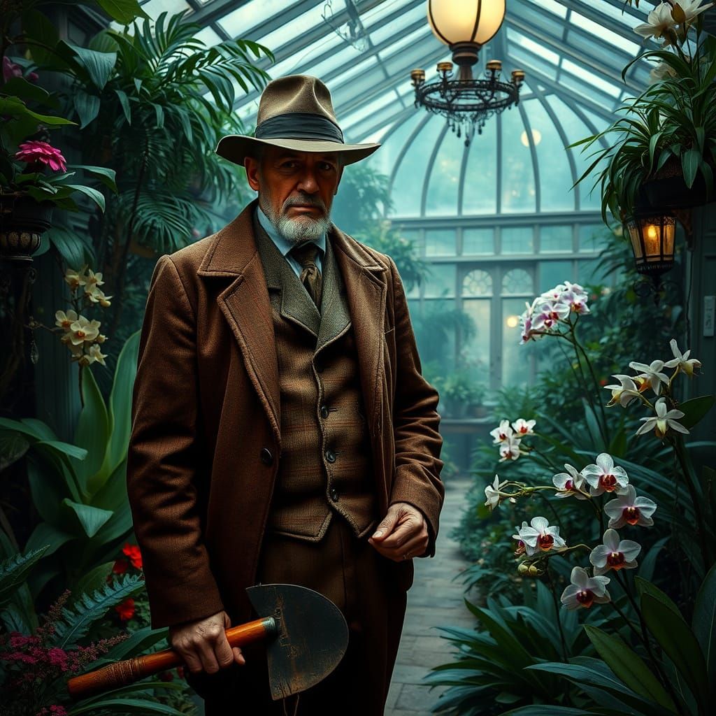 Elegant Gardener in a Victorian Conservatory