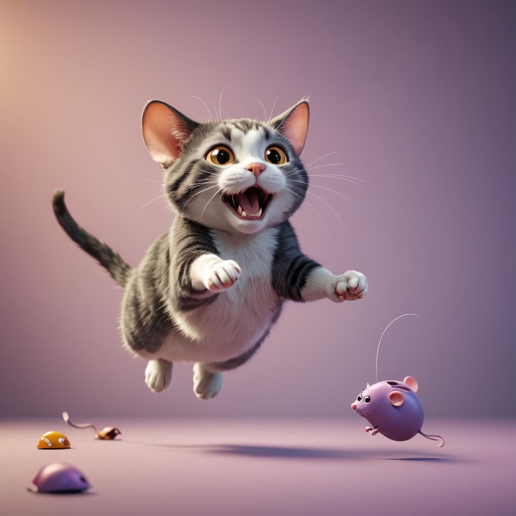 Funny Cat and Mouse in 3D Digital Art