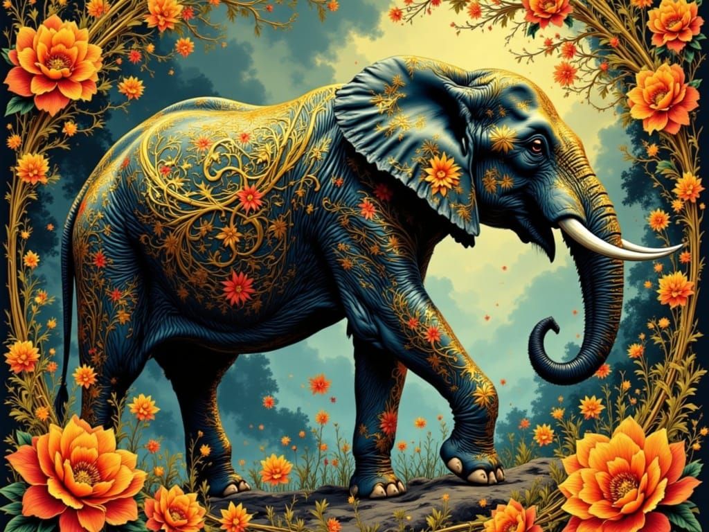 Surreal Elephant Embellished with Ornate Patterns in a Dream...
