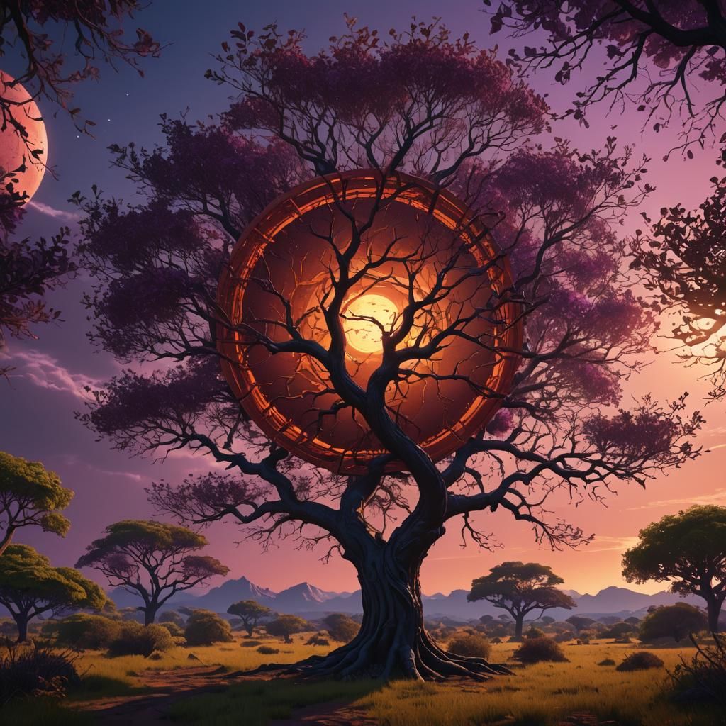 Surreal Landscape with Red Sun and Blue Tree