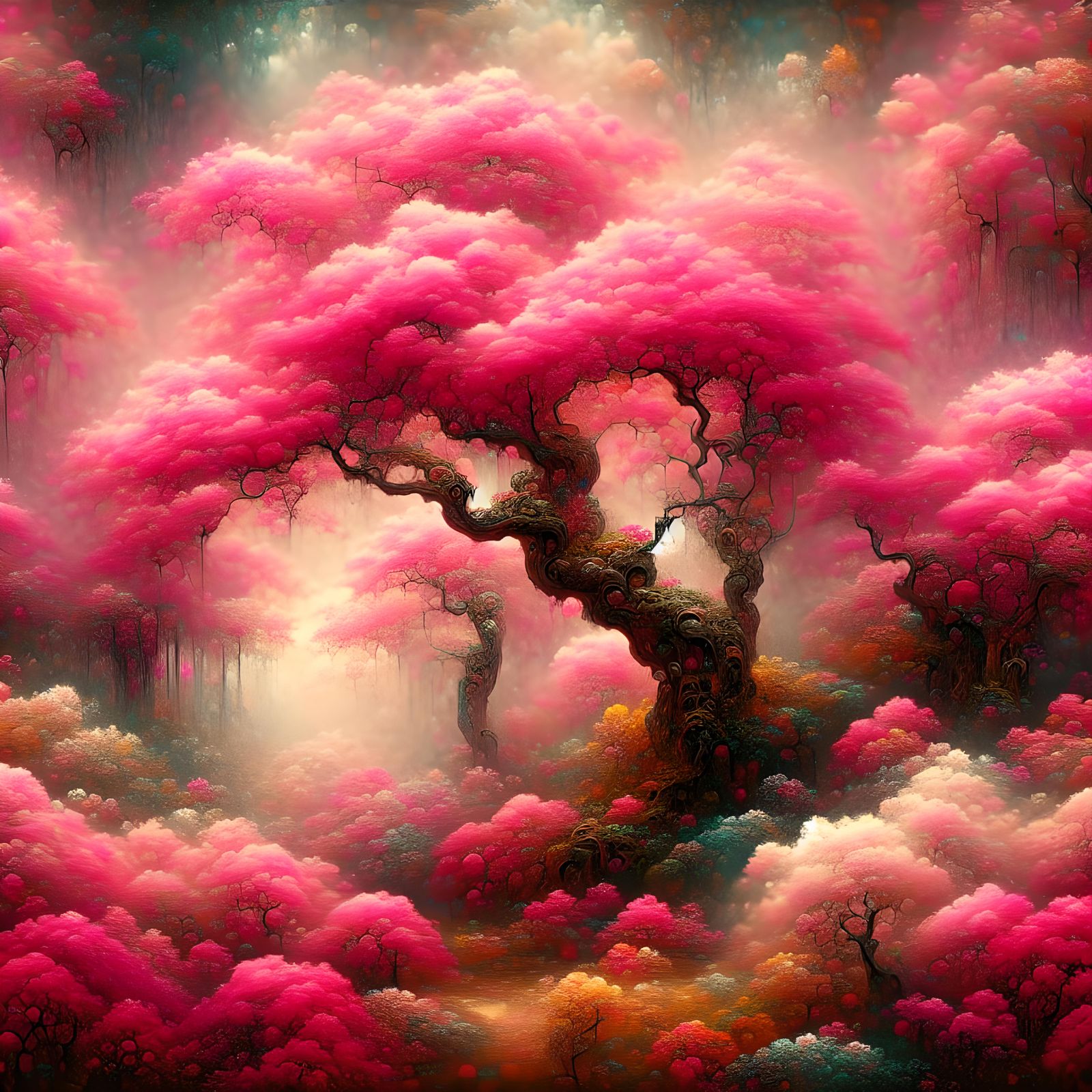 Ethereal Cherry Blossom Garden in Dreamlike Mist