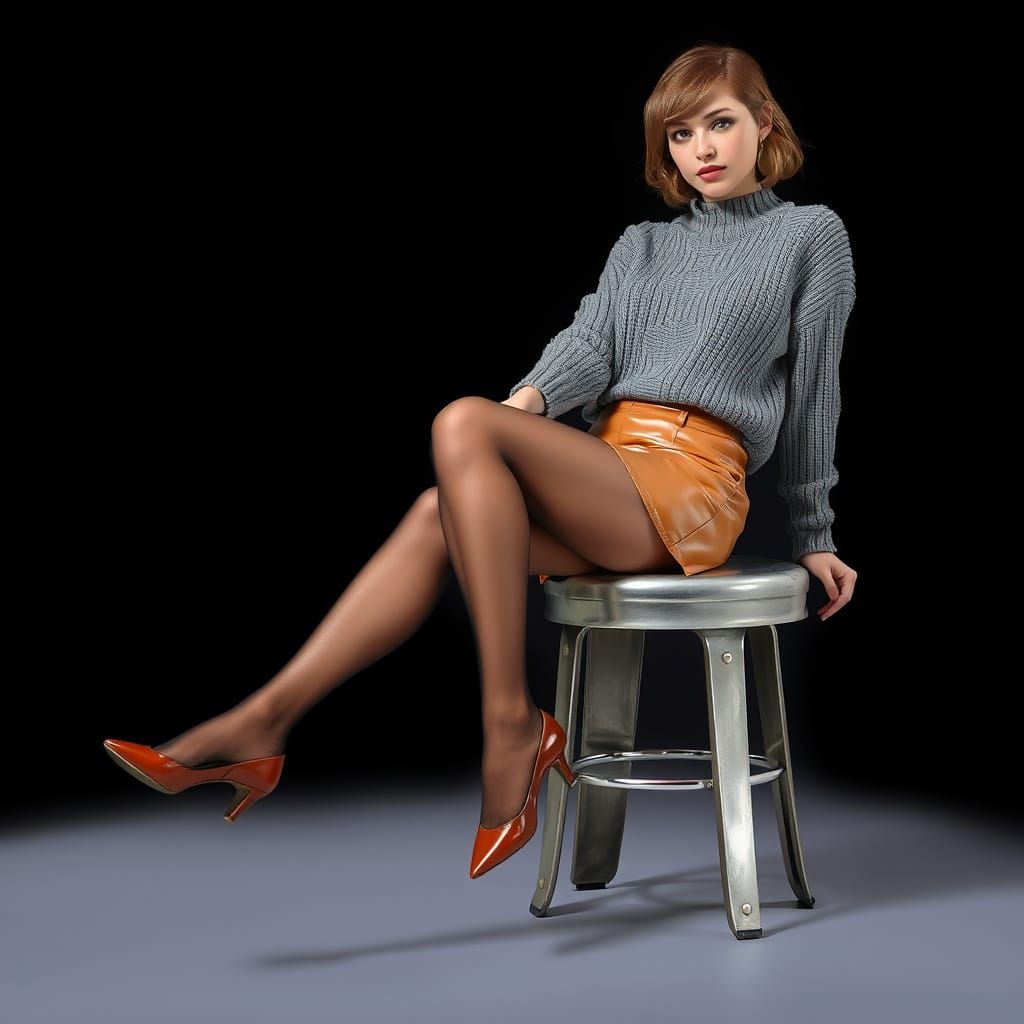 Industrial Chic Woman on Stool with Vibrant Hosiery