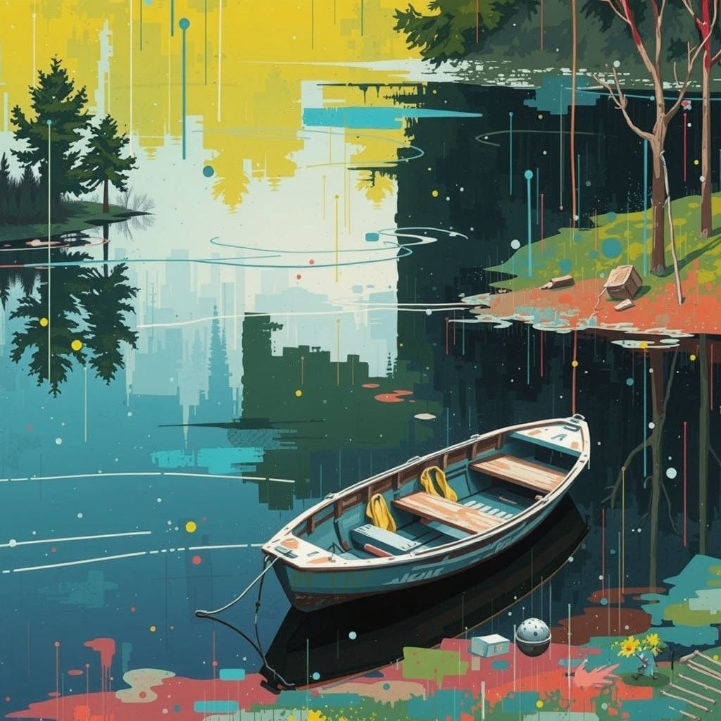 Digital Glitch Boat on Lake with Abstract Background