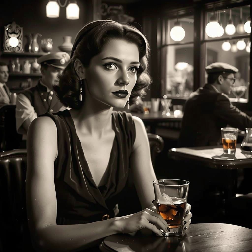 1930s Woman in Cafe: Monochromatic Charcoal Art