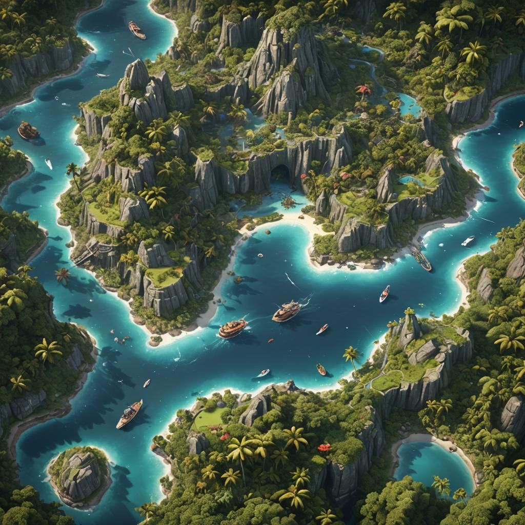 Detailed Tropical Island Map in Matte Painting Style