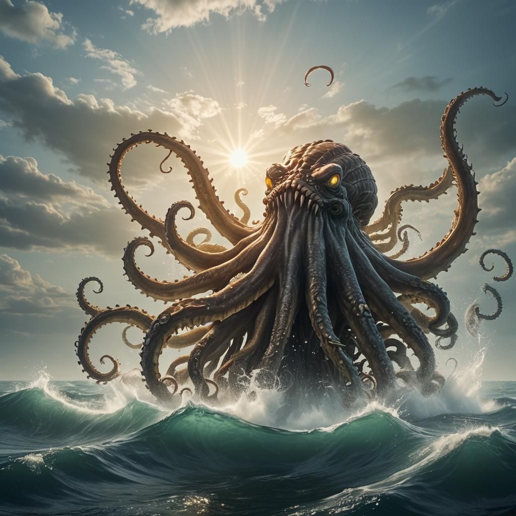 Kraken Breaching Inverted Ocean: Hyper-Realistic Digital Art