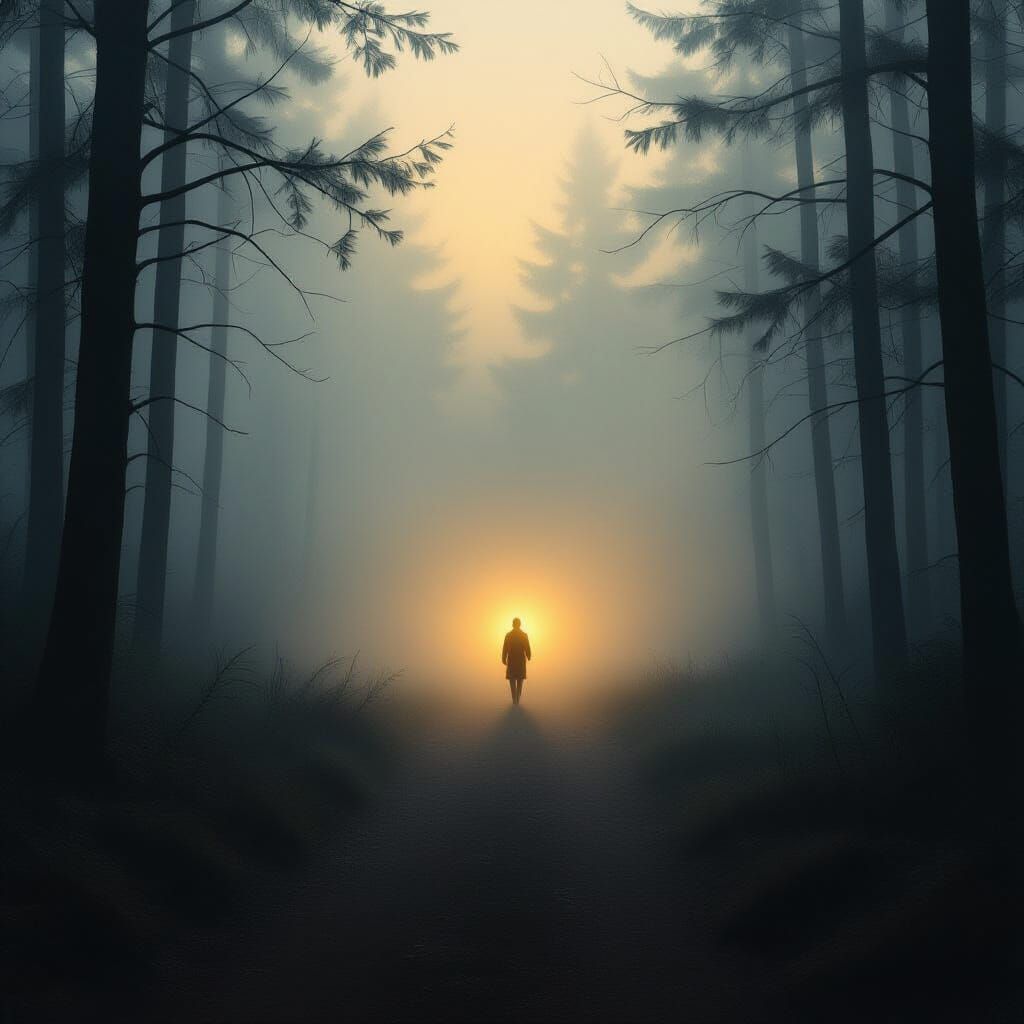 Misty Forest Path with Glowing Lantern and Distant Figure