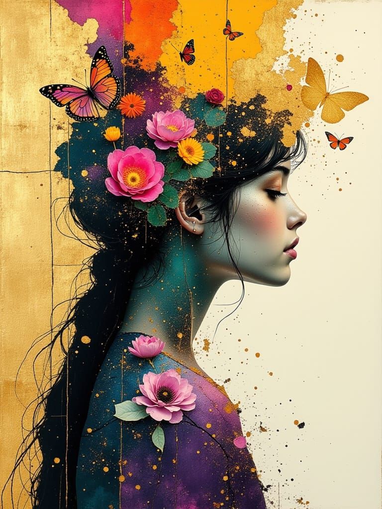 Double Exposure Portrait with Floral Landscape