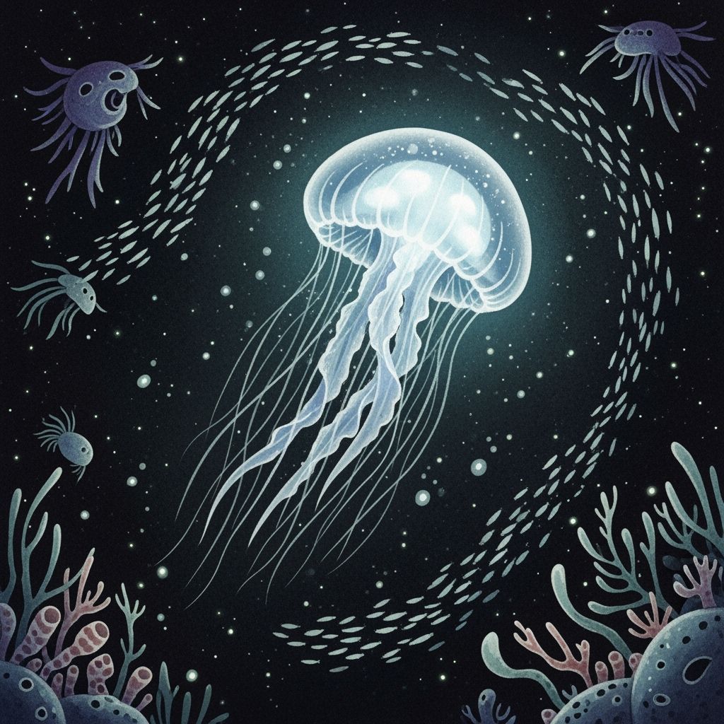 Bioluminescent Jellyfish in Deep Ocean Watercolor
