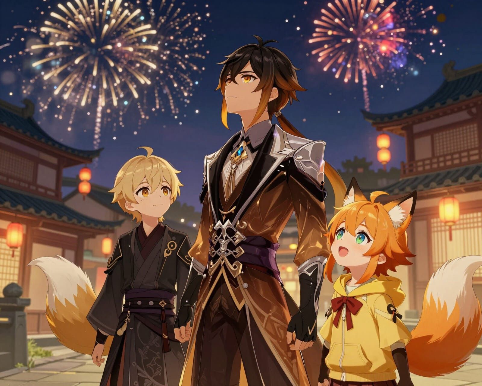 Anime Night Scene in Ancient China with Genshin Characters