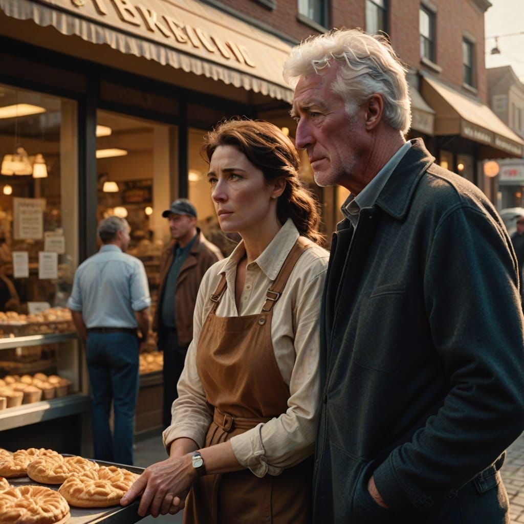 Romantic Collision Outside Bakery in Golden Hour