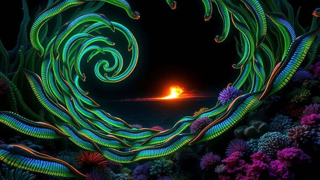 Electric Eels Unite in a Neon-Lit Fibonacci Spiral
