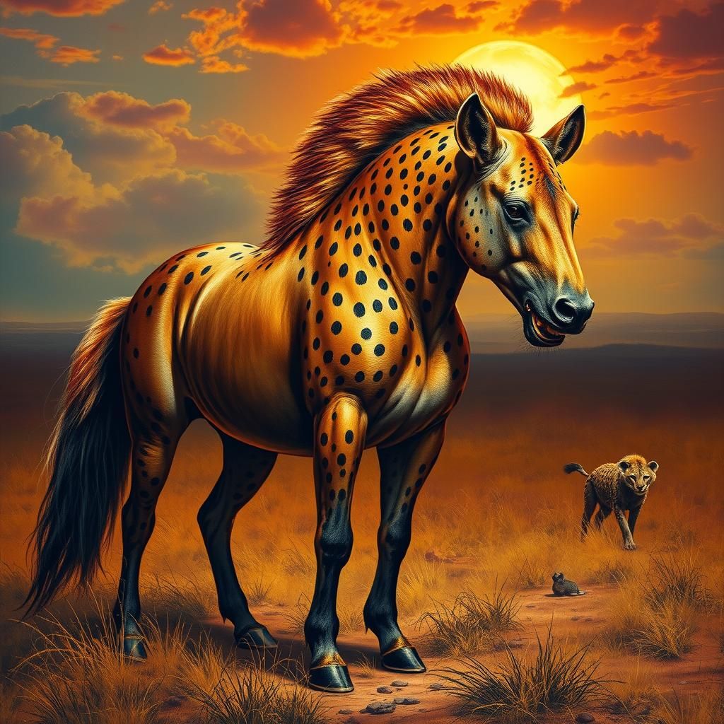 Majestic Horse-Hyena Hybrid in Dreamlike Landscape