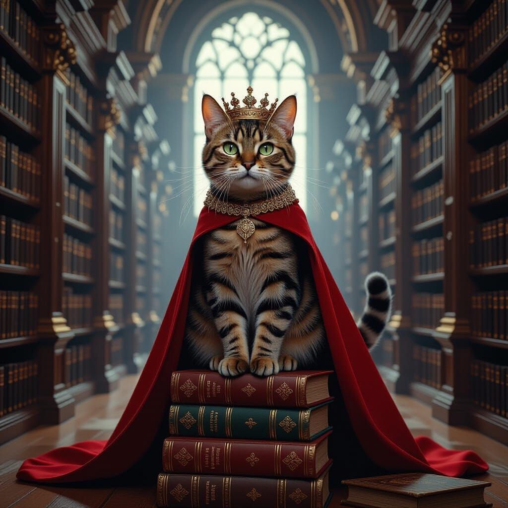 Crowned Bengal Cat in Grand Library