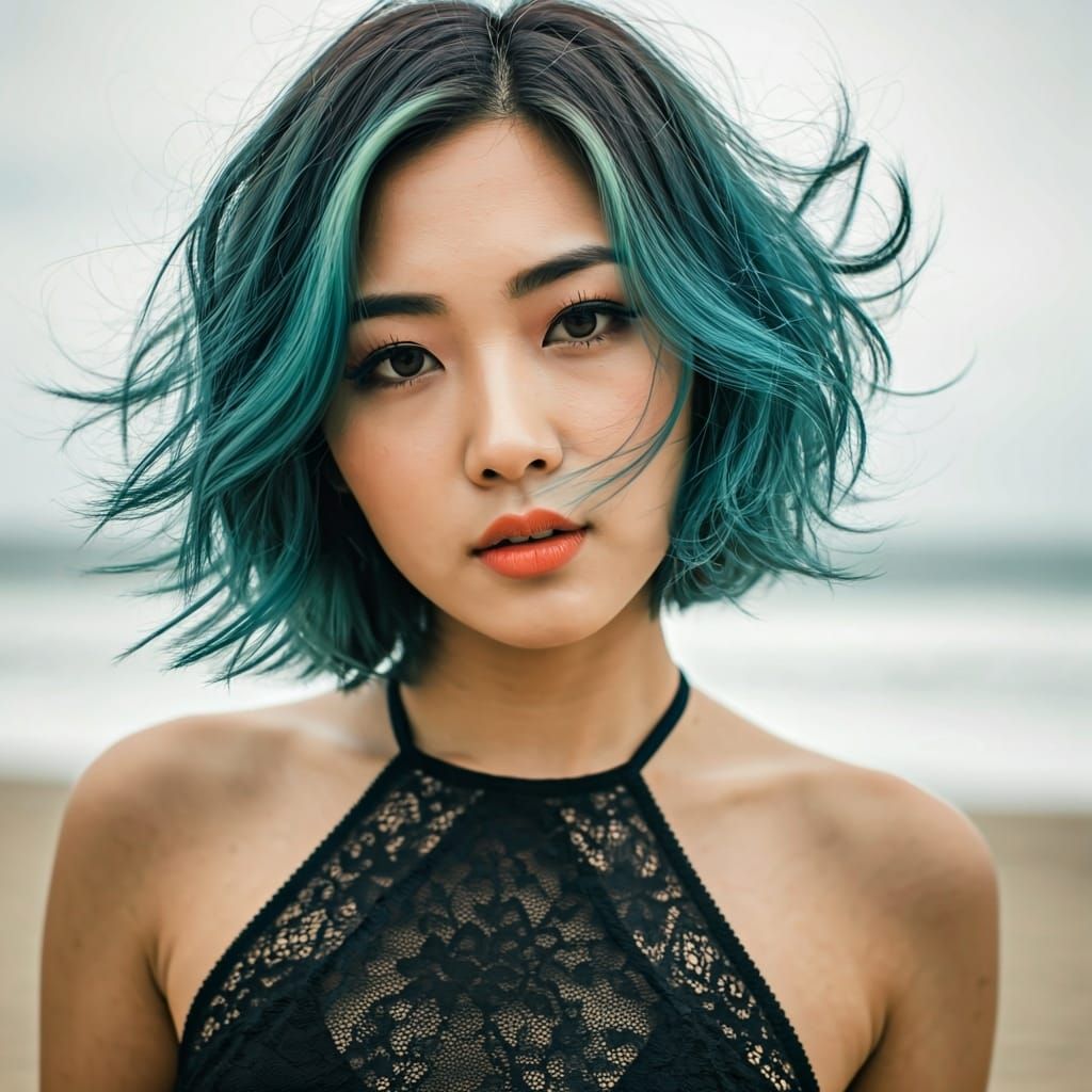 Dreamy Film Portrait of Woman with Turquoise Ombre Hair