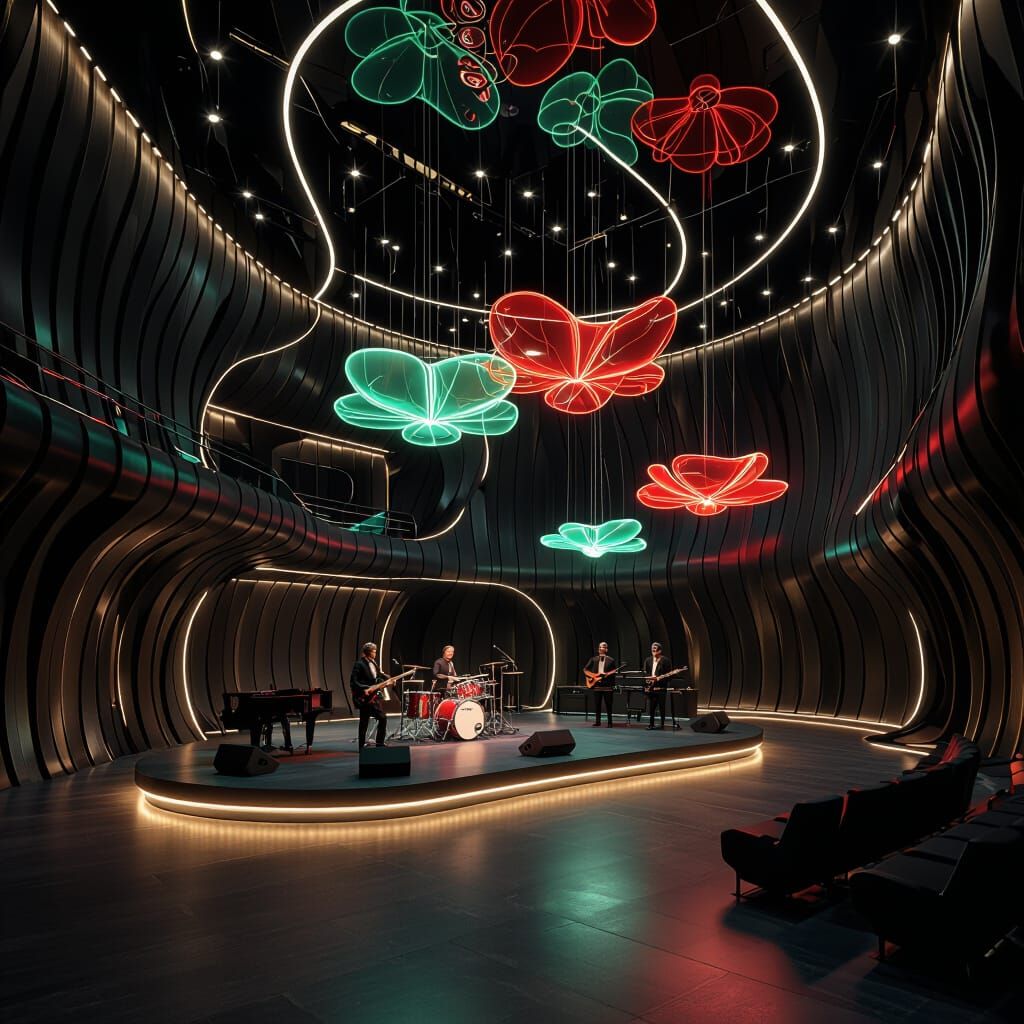 Futuristic Organic Concert Hall in Neon-Lit Ambiance