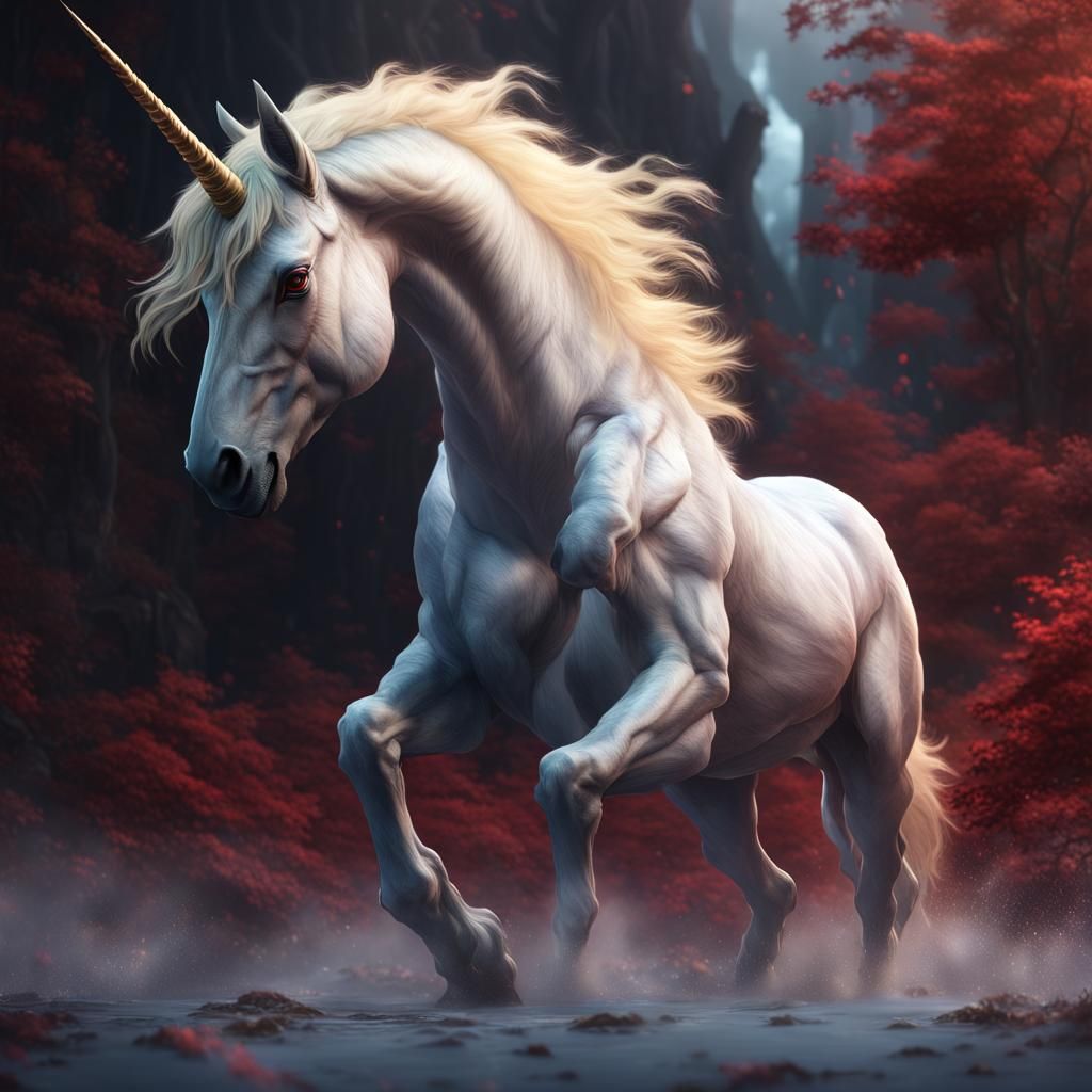 Blonde Unicorn with Red Eyes, Fantasy Concept Art