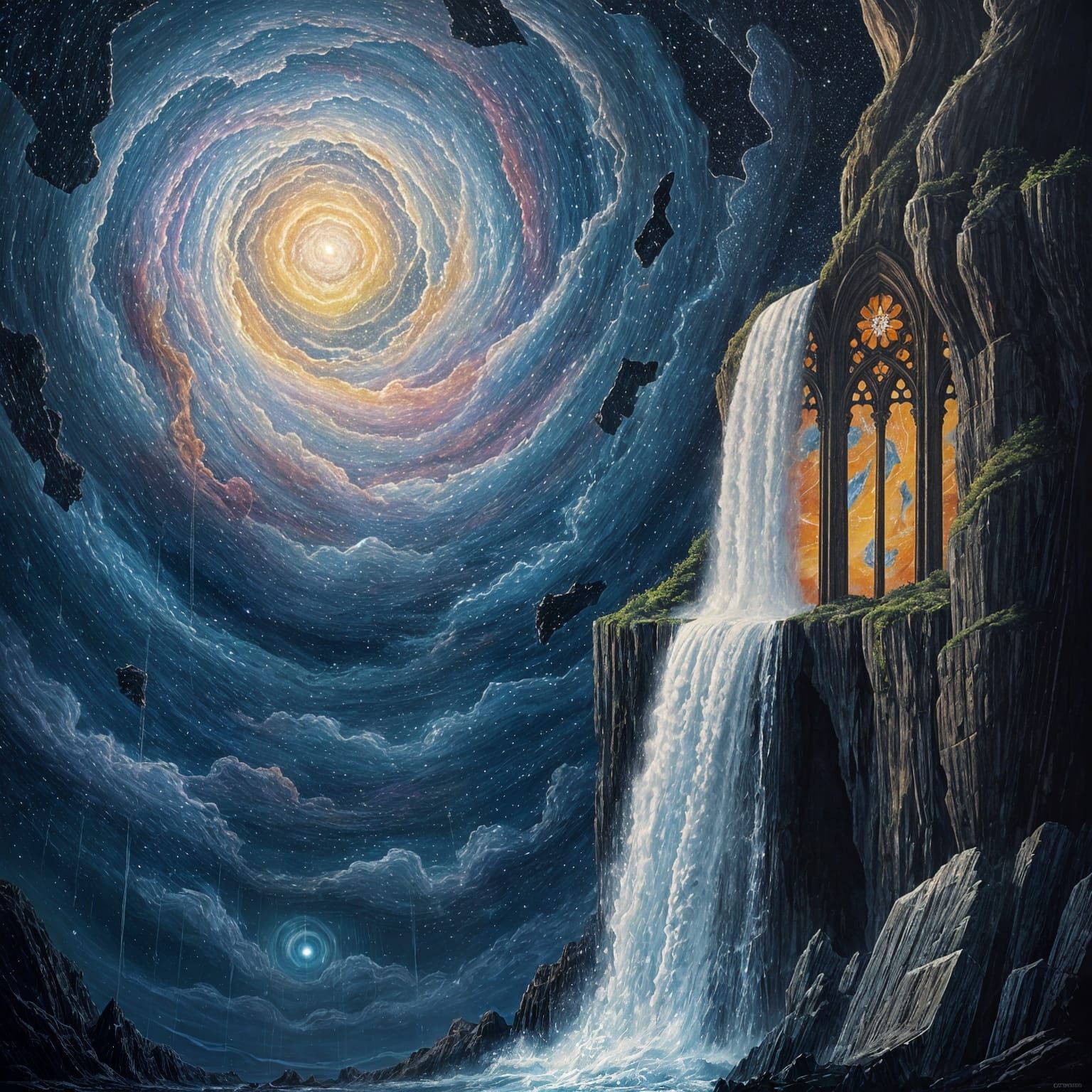 Cosmic Waterfall Nebula with Stained Glass and Lost History