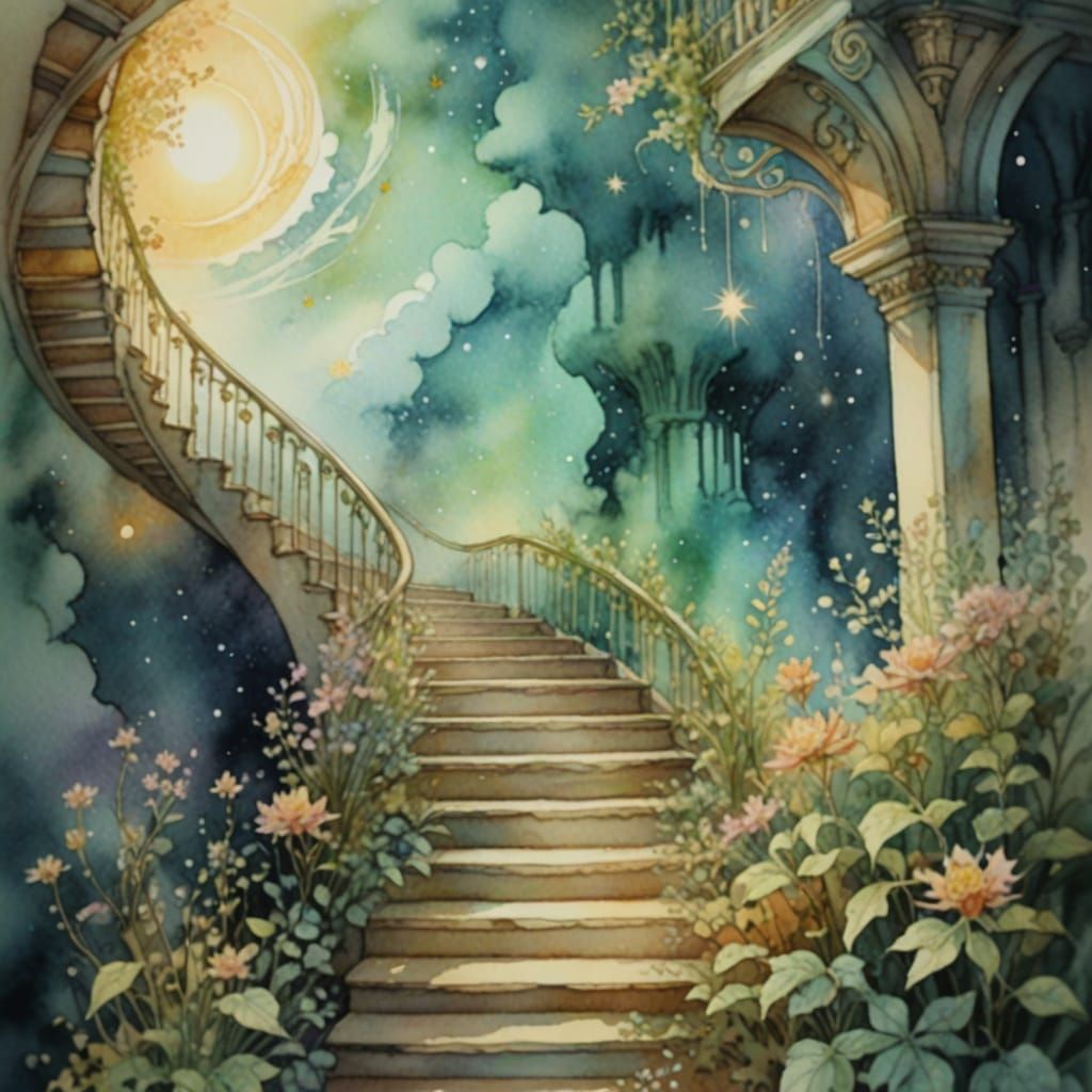 Stairs to Celestial Paradise: Whimsical Watercolor Painting