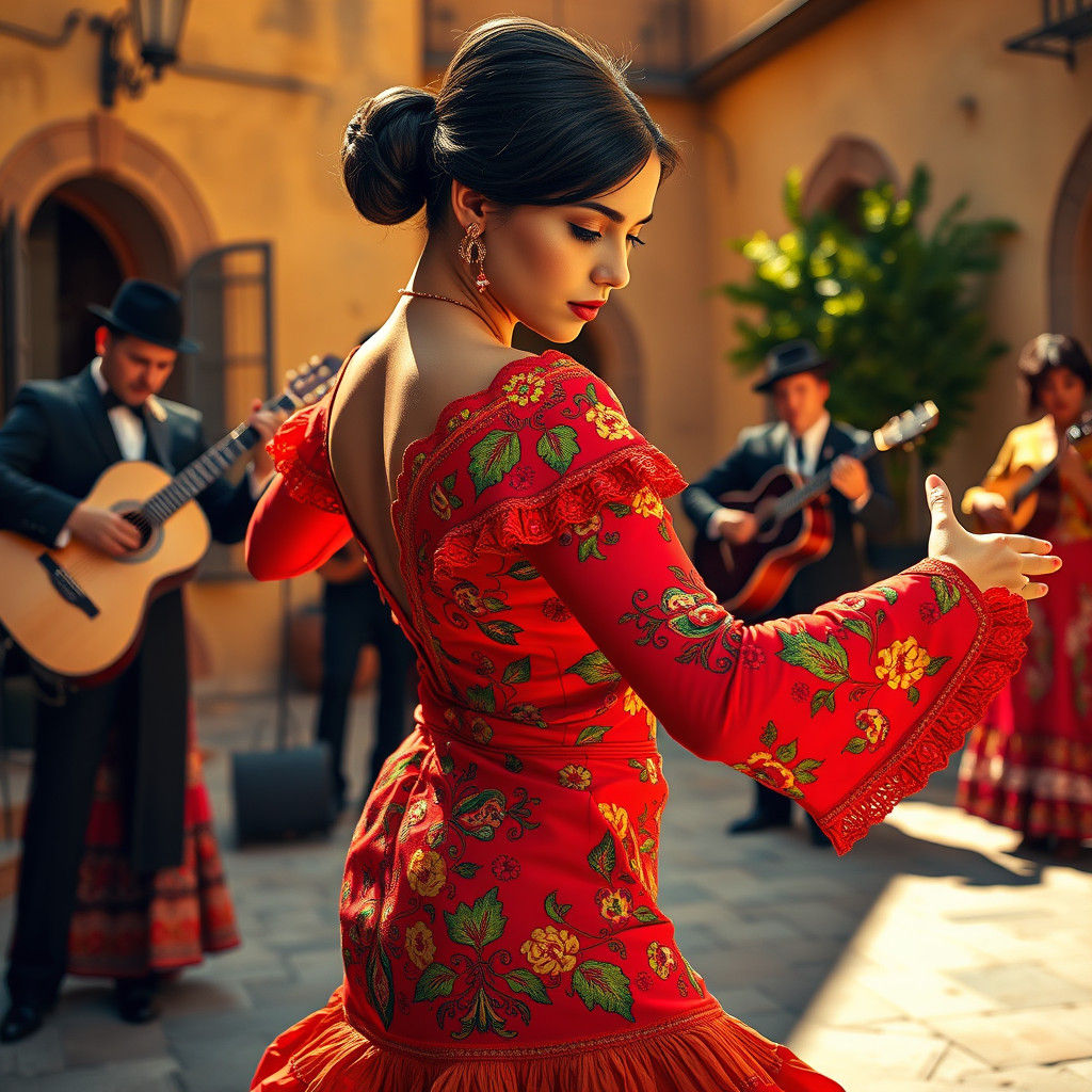 Flamenco Dancer in Spanish Courtyard, High-Fashion Illustrat...