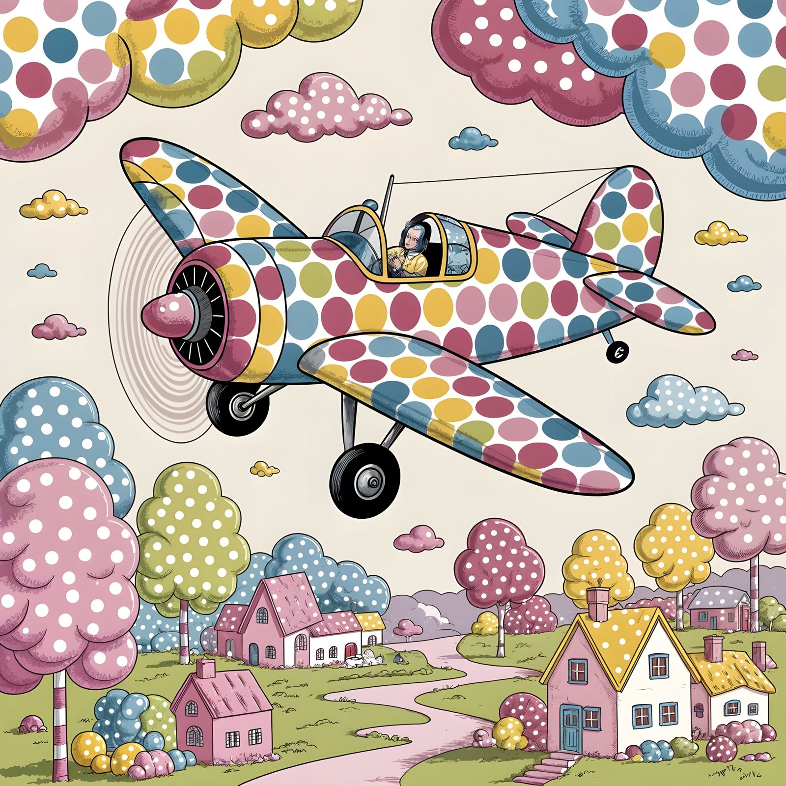 Polka Dot Plane Over Candy Landscape