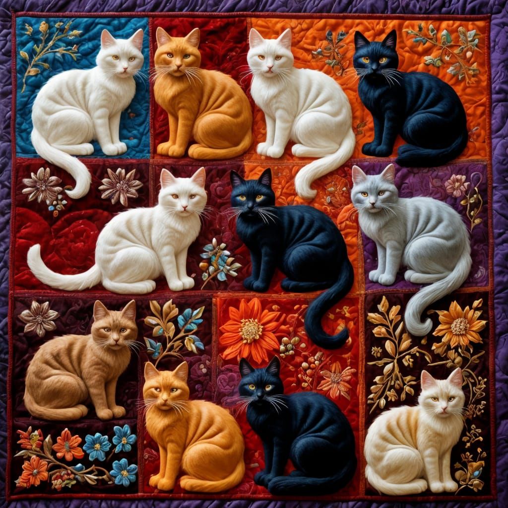 Hyper Realistic Fabric Quilt Featuring Multicolored Feline P...